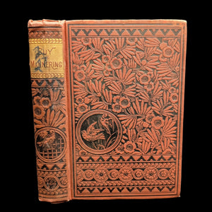 An old hardcover book titled 'Guy Mannering, The Astrologer' by Sir Walter Scott with a decorative floral pattern on the cover.