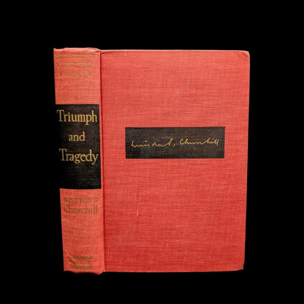A hardcover book titled 'Triumph and Tragedy' by Winston Churchill, with a red cover and gold lettering, displaying a label with 'Winston S. Churchill' in a black rectangular frame.