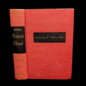 A hardcover book with a red cover and gold lettering titled 'Their Finest Hour' by Winston Churchill.