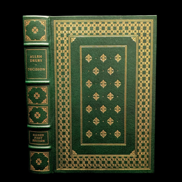 Signed first edition of the book 'Decision' by Allen Drury, illustrated by Malcom Liepke, with a green leather cover featuring gold embossed patterns and the author's signature.