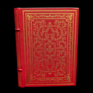 A signed first edition hardcover book of 'Exit Lady Masham' by Louis Auchincloss with red leather binding and gold embossed decorations on the cover.