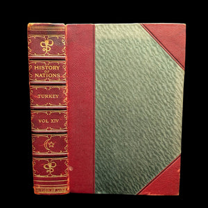 Cover of a hardcover book titled 'This History Of Nations Turkey, Harvard University, 1910' with a green and red cover, authored by Sir Edward S. Creasy, edited by Archibald Cary Coolidge and W.