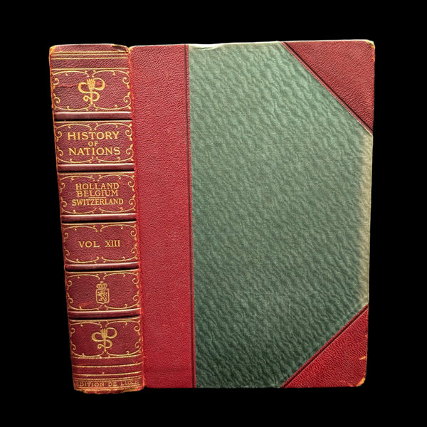 A hardcover book with a green and red binding, titled 'The History of Nations', volume XII, edited by W. Harold Clafin and others, published in 1907.