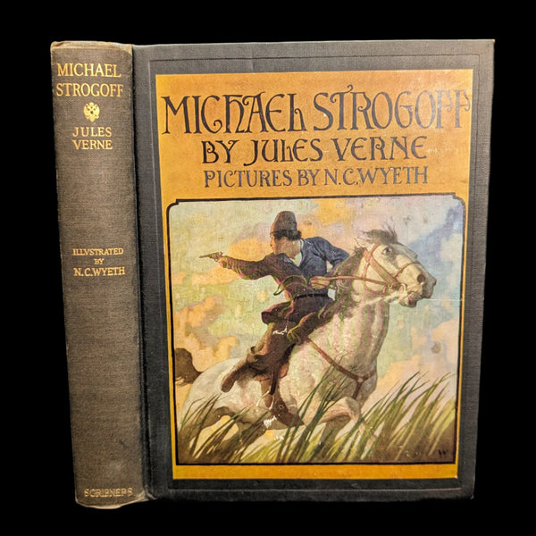 A hardcover edition of 'Michael Strogoff, A Courier of the Czar' by Jules Verne with illustrations by N.C.