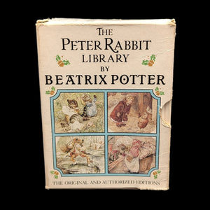 A cover image of 'The Peter Rabbit Library' book featuring illustrations of Beatrix Potter's characters including Peter Rabbit and other animal characters engaging in various activities.