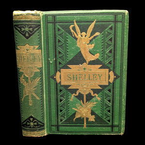 Cover of 'The Poetical Works of Percy Bysshe Shelley' featuring decorative green artwork with the title and author's name, along with illustrations of leaves and a figure.