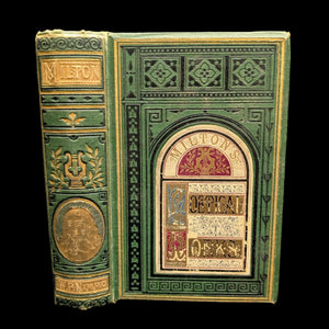Antique book cover of 'The Poetical Works Of John Milton' featuring ornate designs and a previous owner's inscription.