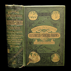 Cover of 'The National Encyclopedia Of Business And Social Forms, 1881' with decorative elements and the title displayed.
