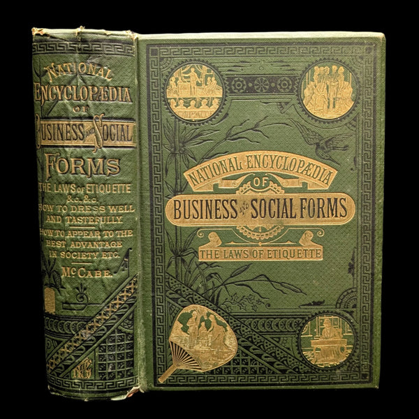 Cover of 'The National Encyclopedia Of Business And Social Forms, 1881' with decorative elements and the title displayed.