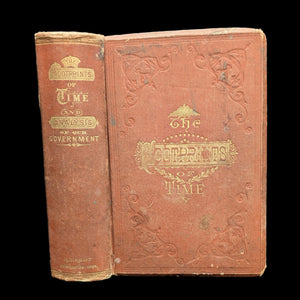 A photo of a old book titled 'The Footprints of Time: And A Complete Analysis of the American System of Government' with a red cover and decorative embossed patterns.