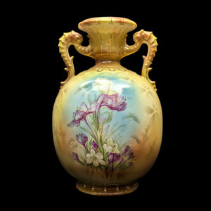 Antique Austrian Porcelain Vase – Hand-Painted Iris, Art Nouveau Sculptural Handles (Austria), c. 1910 🇦🇹🏺🎨