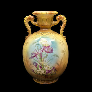 Antique Austrian Porcelain Vase – Hand-Painted Iris, Art Nouveau Sculptural Handles (Austria), c. 1910 🇦🇹🏺🎨
