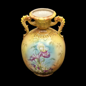 Antique Austrian Porcelain Vase – Hand-Painted Iris, Art Nouveau Sculptural Handles (Austria), c. 1910 🇦🇹🏺🎨