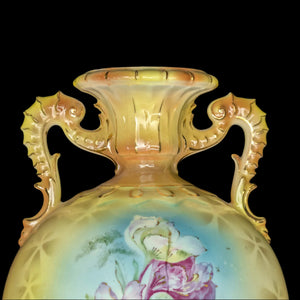 Antique Austrian Porcelain Vase – Hand-Painted Iris, Art Nouveau Sculptural Handles (Austria), c. 1910 🇦🇹🏺🎨