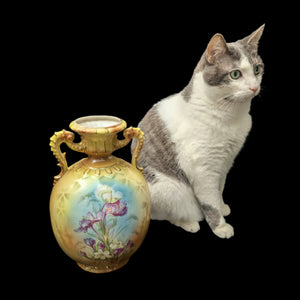 Antique Austrian Porcelain Vase – Hand-Painted Iris, Art Nouveau Sculptural Handles (Austria), c. 1910 🇦🇹🏺🎨
