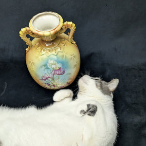 Antique Austrian Porcelain Vase – Hand-Painted Iris, Art Nouveau Sculptural Handles (Austria), c. 1910 🇦🇹🏺🎨