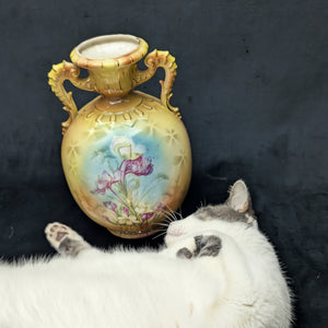 Antique Austrian Porcelain Vase – Hand-Painted Iris, Art Nouveau Sculptural Handles (Austria), c. 1910 🇦🇹🏺🎨