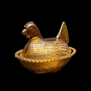 Vintage Amber Glass Hen on Nest Dish – Beaded Rim, Farmhouse Collectible (c. 1960) 🐔🥚🏡