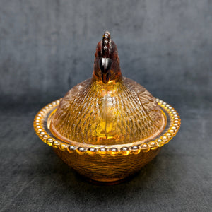 Vintage Amber Glass Hen on Nest Dish – Beaded Rim, Farmhouse Collectible (c. 1960) 🐔🥚🏡