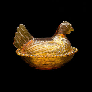 Vintage Amber Glass Hen on Nest Dish – Beaded Rim, Farmhouse Collectible (c. 1960) 🐔🥚🏡