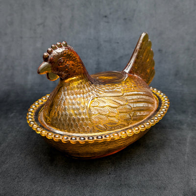 Vintage Amber Glass Hen on Nest Dish by Unknown Maker (Rustic, Collectible), Circa 1950s 🐔🥚🏡