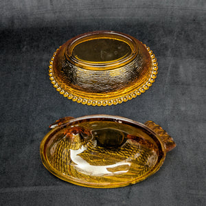 Vintage Amber Glass Hen on Nest Dish – Beaded Rim, Farmhouse Collectible (c. 1960) 🐔🥚🏡