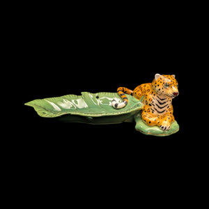 Lynn Chase Designs Serving Tray – "Jaguar Jungle" Porcelain, Two-Piece Wildlife Leaf Set (Hungary), c. 2006 🐆🌿✨