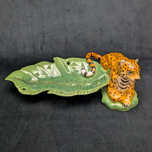 Lynn Chase Designs Serving Tray – "Jaguar Jungle" Porcelain, Two-Piece Wildlife Leaf Set (Hungary), c. 2006 🐆🌿✨