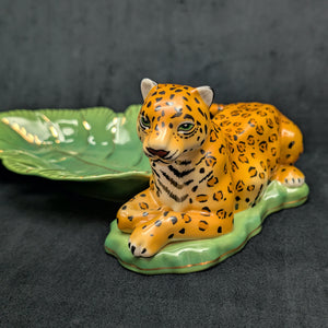 Lynn Chase Designs Serving Tray – "Jaguar Jungle" Porcelain, Two-Piece Wildlife Leaf Set (Hungary), c. 2006 🐆🌿✨