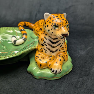 Lynn Chase Designs Serving Tray – "Jaguar Jungle" Porcelain, Two-Piece Wildlife Leaf Set (Hungary), c. 2006 🐆🌿✨