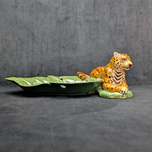Lynn Chase Designs Serving Tray – "Jaguar Jungle" Porcelain, Two-Piece Wildlife Leaf Set (Hungary), c. 2006 🐆🌿✨