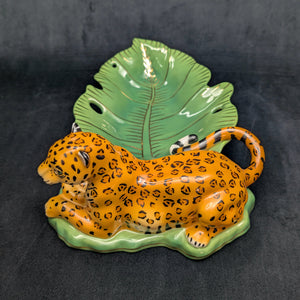 Lynn Chase Designs Serving Tray – "Jaguar Jungle" Porcelain, Two-Piece Wildlife Leaf Set (Hungary), c. 2006 🐆🌿✨