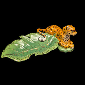 Lynn Chase Designs Serving Tray – "Jaguar Jungle" Porcelain, Two-Piece Wildlife Leaf Set (Hungary), c. 2006 🐆🌿✨
