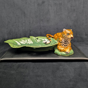 Lynn Chase Designs Serving Tray – "Jaguar Jungle" Porcelain, Two-Piece Wildlife Leaf Set (Hungary), c. 2006 🐆🌿✨