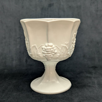 Vintage Milk Glass Pedestal Compote – Grapevine Relief Pattern, American Pressed Glass (c. 1960) 🍇🥛🏡