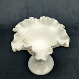 Vintage Fenton Milk Glass Compote – Hobnail Pattern, Ruffled Silver Crest (c. 1960) 🥛⚪✨