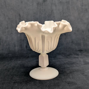 Vintage Fenton Milk Glass Compote – Hobnail Pattern, Ruffled Silver Crest (c. 1960) 🥛⚪✨