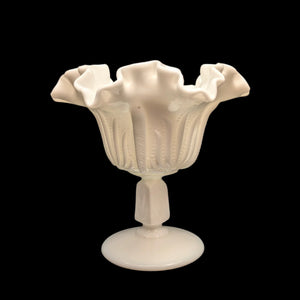 Vintage Fenton Milk Glass Compote – Hobnail Pattern, Ruffled Silver Crest (c. 1960) 🥛⚪✨