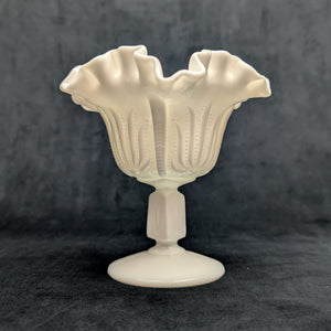 Vintage Fenton Milk Glass Compote – Hobnail Pattern, Ruffled Silver Crest (c. 1960) 🥛⚪✨