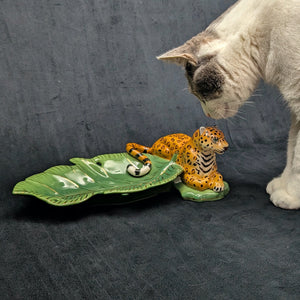Lynn Chase Designs Serving Tray – "Jaguar Jungle" Porcelain, Two-Piece Wildlife Leaf Set (Hungary), c. 2006 🐆🌿✨
