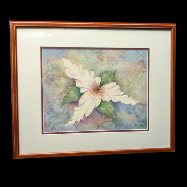 Original watercolor painting by Beverly Green, depicting a white trillium flower, framed in a wooden frame with a double mat. The artwork measures 16 inches by 20 inches.