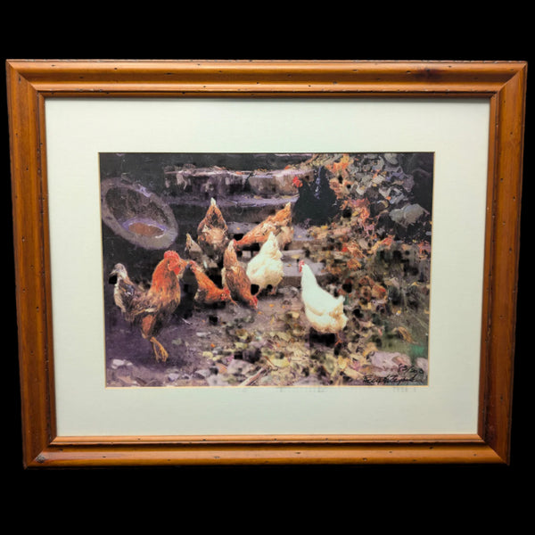 Grabado en linóleo "Granja de Pollos" de Ernesto Zepeda