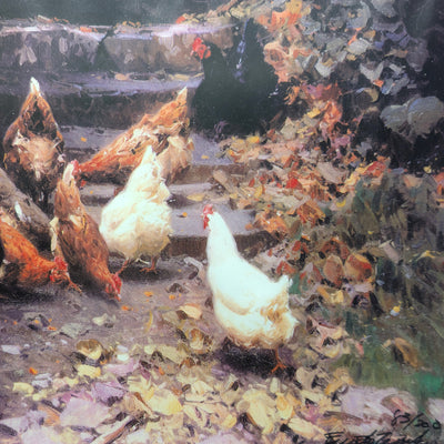 Grabado en linóleo "Granja de Pollos" de Ernesto Zepeda