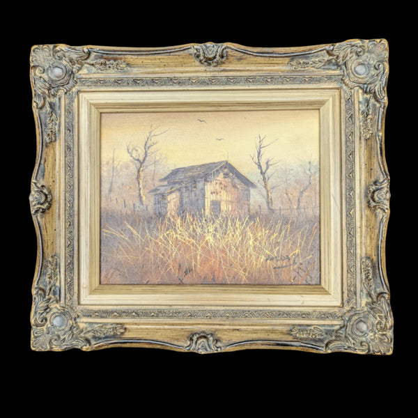 Signed oil painting by DoveDay depicting a rustic landscape with a barn and grasses, framed in an ornate wooden frame.