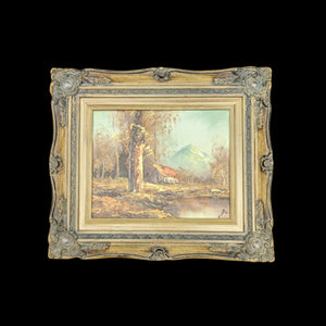 Unidentified Artist, "Cabin and Mountain Landscape" (Original Oil Painting), Circa 1960s-1970s 🏞️🏔️🎨