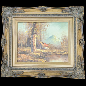 Unidentified Artist, "Cabin and Mountain Landscape" (Original Oil Painting), Circa 1960s-1970s 🏞️🏔️🎨