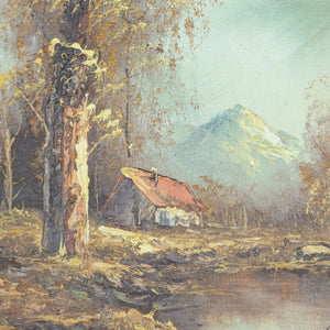 Unidentified Artist, "Cabin and Mountain Landscape" (Original Oil Painting), Circa 1960s-1970s 🏞️🏔️🎨