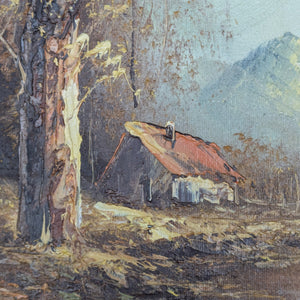 Unidentified Artist, "Cabin and Mountain Landscape" (Original Oil Painting), Circa 1960s-1970s 🏞️🏔️🎨