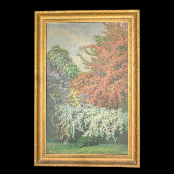 Original Oil Painting (Post-Impressionist Garden Landscape in Gold Frame), Attributed H. Hamm, Circa 1930s 🎨🌳🖼️