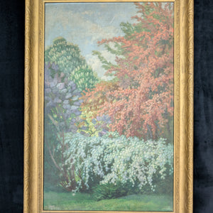 Original Oil Painting (Post-Impressionist Garden Landscape in Gold Frame), Attributed H. Hamm, Circa 1930s 🎨🌳🖼️